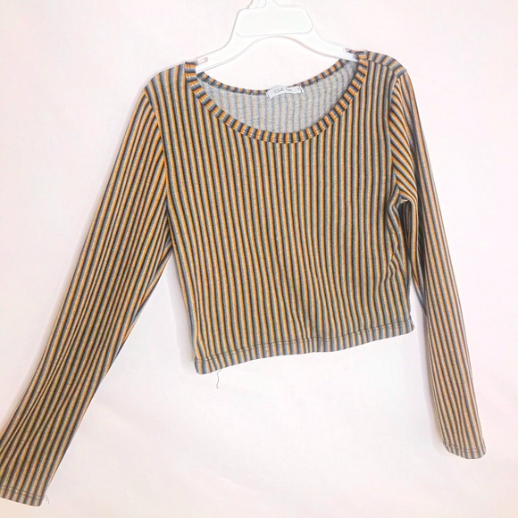 black and yellow striped long sleeve crop top - Picture 1 of 4